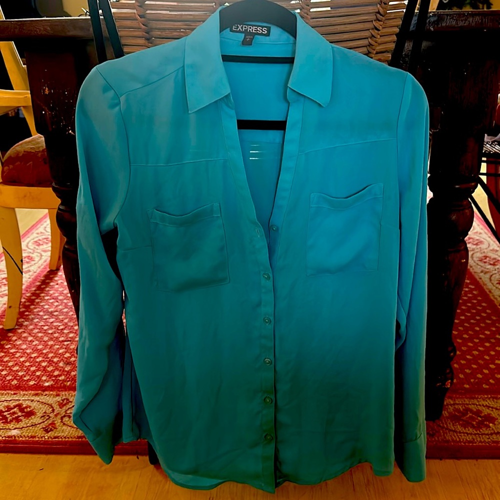 Aqua blue button-down blouse from express size. Small petite